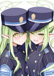 Rule 34 | 2girls, absurdres, black hat, black jacket, blue archive, blush, buttons, closed mouth, double-breasted, earrings, fang, green hair, green halo, hair between eyes, halo, hat, hikari (blue archive), nozomi (blue archive), highres, jacket, jewelry, kuromiz, long hair, long sleeves, looking at viewer, multiple girls, open mouth, peaked cap, pointy ears, sidelocks, simple background, skin fang, smile, twintails, white background, yellow eyes