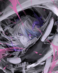 Rule 34 | 1boy, absurdres, arknights, black gloves, blue hair, commentary request, fingerless gloves, gloves, grey hair, hair between eyes, highres, looking at viewer, male focus, multicolored hair, myluche, outstretched arm, purple eyes, puzzle (arknights), solo, streaked hair, upper body