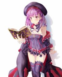 Rule 34 | 1girl, arrow (symbol), bad id, bad pixiv id, belt, belt buckle, beret, black coat, black collar, black dress, black hat, black thighhighs, blush, book, bow, breasts, buckle, closed mouth, coat, collar, collarbone, crescent, detached collar, dress, fate/grand order, fate (series), hair between eyes, hat, helena blavatsky (fate), helena blavatsky (third ascension) (fate), highres, holding, holding book, long hair, long sleeves, looking away, looking down, mutang, off shoulder, open book, purple eyes, purple hair, red belt, ribbed legwear, sefirot, shadow, small breasts, smile, solo, strapless, strapless dress, thighhighs, white background, white bow