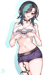 1girl aqua_hair belt black_belt black_collar black_hair blue_shorts blush breasts clothes_lift collar collarbone earrings highres hololive hololive_dev_is jewelry large_breasts looking_at_viewer ma_draws midriff multicolored_hair navel open_mouth red_eyes rindo_chihaya shirt shirt_lift shorts sleeveless sleeveless_shirt solo streaked_hair virtual_youtuber white_background white_shirt