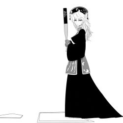 Rule 34 | 1girl, baseball, baseball base, baseball bat, black dress, black headwear, breasts, commentary, dress, from side, full body, gloves, greyscale, highres, holding, holding baseball bat, junko (touhou), kikoka (mizuumi), long hair, long sleeves, looking at viewer, medium breasts, monochrome, simple background, solo, tabard, tassel, touhou, white background, wide sleeves