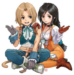 Rule 34 | 1boy, 1girl, absurdres, aqua vest, asymmetrical bangs, belt, black hair, blonde hair, blue eyes, blue pants, bodysuit, boots, breasts, brown eyes, brown gloves, choker, cleavage, couple, cuffs, duplicate, final fantasy, final fantasy ix, frilled shirt collar, frills, full body, garnet til alexandros xvii, gloves, grey gloves, hand on another&#039;s shoulder, hand up, highres, jewelry, kneeling, lace-up top, long hair, looking at viewer, low-tied long hair, lower teeth only, medium breasts, monkey tail, neck ribbon, necklace, open mouth, orange bodysuit, pants, parted bangs, pendant, pixel-perfect duplicate, puffy sleeves, ribbon, shiren (ourboy83), shirt, short hair, sitting, sleeveless, sleeveless shirt, smile, square enix, tail, teeth, thigh strap, upper teeth only, white background, white shirt, zidane tribal