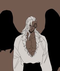 Rule 34 | 1boy, abs, arms at sides, asymmetrical hair, black wings, braid, brown background, brown theme, closed mouth, collarbone, dark skin, expressionless, eyes visible through hair, facial hair, facial tattoo, facing viewer, frilled shirt, frills, half-closed eyes, hgacd8, highres, king (one piece), limited palette, lips, long hair, long sleeves, looking to the side, male focus, mature male, muscular, nose, one piece, pectorals, sanpaku, serious, shirt, side braid, simple background, single braid, solo, stubble, tattoo, undressing, upper body, v-shaped eyebrows, white hair, white shirt, wings