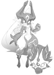 Rule 34 | 1girl, cleft of venus, clenched hand, closed mouth, full body, furry, furry female, fusion, greyscale, hand up, kindred (league of legends), krokobyaka, lamb (league of legends), league of legends, long hair, looking at viewer, mask, midna, monochrome, nintendo, pussy, smile, the legend of zelda, the legend of zelda: twilight princess, wolf (league of legends)