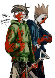 Rule 34 | 2boys, antenna hair, black eyes, blood, blood on clothes, blood on face, blood on hands, brown hair, brown pants, commentary request, constricted pupils, copyright name, cowboy shot, denpa shougai, edd (eddsworld), eddsworld, english text, episode title, frown, furrowed brow, hand in pocket, highres, holding, holding shovel, long sleeves, looking at self, looking at viewer, male focus, multiple boys, pants, profile, sanpaku, scowl, short hair, shovel, side-by-side, simple background, solid eyes, spiked hair, standing, tom (eddsworld), white background