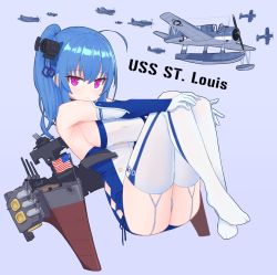 Rule 34 | 1girl, ahoge, american flag, ass, azur lane, bebetang, blue gloves, blue hair, breasts, elbow gloves, garter straps, gloves, large breasts, looking at viewer, medium hair, multicolored clothes, multicolored gloves, pink eyes, side ponytail, sideboob, solo, st. louis (azur lane), thighhighs, white gloves, white thighhighs