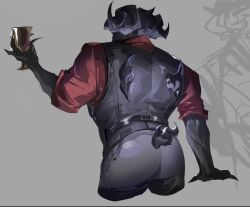 Rule 34 | 1boy, ashthepenguin, ass, bara, check copyright, copyright request, cropped torso, cup, curled horns, demon horns, drinking glass, facing away, fiery tail, from behind, horns, male focus, monster boy, muscular, muscular male, original, solo, tail, vest, wine glass