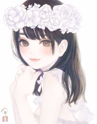 Rule 34 | 1girl, amatsu marina, bare arms, black hair, brown eyes, closed mouth, flower, frills, from side, hair flower, hair ornament, hand in own hair, head wreath, highres, light blush, long hair, looking at viewer, looking to the side, mole, mole under eye, nail polish, own hands together, real life, rose, seal impression, shirt, signature, simple background, sleeveless, sleeveless shirt, smile, solo, upper body, ushiyama ame, white background, white flower, white rose, white theme
