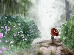Rule 34 | 1boy, brown hair, bush, commentary request, flower, fog, forest, gegege no kitarou, kitarou, male focus, nature, outdoors, river, ryuseiponzu, sandals, short hair, solo, tree, umbrella, water