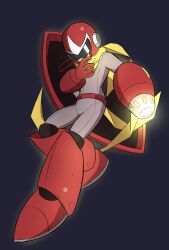 Rule 34 | 1boy, arm cannon, commentary request, full body, helmet, highres, male focus, mega man (classic), mega man (series), proto man, robot, scarf, shield, shoyu-z, simple background, solo, weapon, yellow scarf