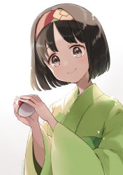 Rule 34 | 1girl, blush, brown eyes, brown hair, closed mouth, commentary request, creatures (company), erika (pokemon), eyelashes, game freak, green kimono, hairband, hands up, highres, holding, holding poke ball, japanese clothes, kimono, looking down, nintendo, poke ball, poke ball (basic), pokemon, pokemon lgpe, red hairband, sasairebun, short hair, smile, solo, twitter username, upper body, wide sleeves