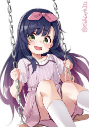 Rule 34 | 1girl, black hair, blush, dress, ebifurya, gradient hair, green eyes, highres, kantai collection, long hair, looking at viewer, matsuwa (kancolle), multicolored hair, one-hour drawing challenge, open mouth, pink hair, purple dress, purple hair, simple background, sitting, smile, socks, solo, swinging, white background, white socks
