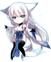 Rule 34 | 1girl, animal ears, bare shoulders, black gloves, black thighhighs, blue eyes, breasts, chibi, commentary request, dated, ears down, elbow gloves, fox ears, fox tail, gloves, jitome, konshin, long hair, long sleeves, looking at viewer, no panties, obi, orie mishiro, original, outline, pelvic curtain, sash, short eyebrows, sideboob, signature, simple background, snowflakes, solo, tail, thighhighs, white background, white hair