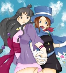 Rule 34 | 2girls, maya fey, back-to-back, capcom, cape, ace attorney, holding hands, hat, japanese clothes, lion (macross frontier), long hair, macross, macross frontier, magatama, multiple girls, trucy wright, parody, top hat