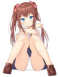 Rule 34 | 1girl, blue eyes, blue skirt, blush, bow, brown footwear, brown hair, closed mouth, collared shirt, dress shirt, hair between eyes, hair bow, head tilt, highres, knees together feet apart, knees up, loafers, looking at viewer, no socks, original, panties, pleated skirt, red bow, school uniform, seventeen (st17215), shirt, shoes, short sleeves, sidelocks, simple background, sitting, skirt, smile, solo, twintails, underwear, white background, white panties, white shirt