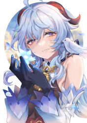 Rule 34 | 1girl, ahoge, animal, animal on shoulder, bare shoulders, bird, bird on shoulder, blue flower, blue gloves, blue hair, breasts, commentary request, detached sleeves, eyebrows hidden by hair, flower, ganyu (genshin impact), genshin impact, gloves, hair between eyes, hands up, highres, horns, kayanogura, long hair, long sleeves, looking at viewer, medium breasts, parted lips, solo, upper body, white sleeves