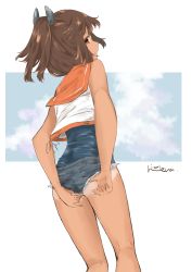 Rule 34 | 1girl, absurdres, ass, bad id, bad twitter id, blue sky, brown eyes, brown hair, cloud, commentary request, cowboy shot, cutoffs, denim, denim shorts, from behind, hair ornament, hairclip, highres, i-401 (kancolle), kantai collection, one-hour drawing challenge, orange sailor collar, ponytail, rimiera, sailor collar, school swimsuit, shirt, short hair, short ponytail, short shorts, shorts, side-tie shirt, sky, sleeveless, sleeveless shirt, solo, standing, swimsuit, swimsuit under clothes, tan, tanline