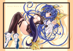 Rule 34 | 1girl, arc system works, blue hair, blush, boots, bow, breasts, cover, dizzy (guilty gear), guilty gear, hair bow, hair ribbon, kirimori isuki, large breasts, long hair, lying, on back, on side, red eyes, ribbon, solo, tail, thighhighs, underboob, very long hair