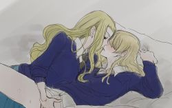 Rule 34 | 2girls, alternate hairstyle, anmitsu sd, assam (girls und panzer), bed, bed sheet, black necktie, blonde hair, blue skirt, blue sweater, blush, collared shirt, commentary request, covered eyes, darjeeling (girls und panzer), fingering, girls und panzer, grabbing, hair down, hair over eyes, kiss, long hair, messy hair, multiple girls, necktie, no pants, partially undressed, saliva, saliva trail, school uniform, sheet grab, shirt, skirt, st. gloriana&#039;s school uniform, sweat, sweatdrop, sweater, thighs, white shirt, yuri
