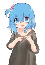 Rule 34 | 1girl, absurdres, aoi tori, bad id, bad pixiv id, black shirt, blue eyes, blue hair, blush, bow, collarbone, commentary request, fang, hair between eyes, hair bow, hands up, highres, long hair, looking at viewer, one side up, open mouth, original, pink bow, shirt, short sleeves, simple background, solo, teru-chan (aoi tori), upper body, white background