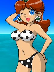 Rule 34 | 1girl, bikini, blue eyes, breasts, brown hair, cleavage, crown, day, earrings, flower earrings, grin, highres, jewelry, looking at viewer, mario (series), navel, nintendo, one eye closed, open mouth, princess daisy, smile, solo, super mario land, swimsuit, thighs, tomboy, wet, wink