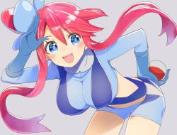 Rule 34 | 1girl, :d, bent over, blue eyes, blush, breasts, creatures (company), game freak, gloves, gym leader, hair bun, hair ornament, hand on own hip, kimitoshiin, large breasts, looking at viewer, midriff, navel, nintendo, open mouth, pilot suit, poke ball, poke ball (basic), pokemon, pokemon bw, red hair, salute, shorts, single hair bun, skyla (pokemon), smile, solo, suspenders