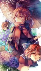 Rule 34 | 1girl, absurdres, black shirt, bow, cloak, closed mouth, cowboy shot, disembodied head, flower, hair bow, highres, holding, holding umbrella, hydrangea, kutsuki kai, long sleeves, looking to the side, multiple heads, open mouth, pleated skirt, purple flower, red eyes, red hair, red skirt, red umbrella, sekibanki, sekibanki day, shirt, short hair, skirt, solo, standing, touhou, umbrella