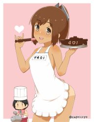 Rule 34 | 10s, 2girls, apron, black hair, bowl, brown eyes, brown hair, capriccyo, character name, chef hat, chibi, chocolate, contrapposto, cowboy shot, hat, highres, i-401 (kancolle), kantai collection, maru-yu (kancolle), multiple girls, naked apron, one-piece swimsuit, open mouth, plate, ponytail, sailor collar, school swimsuit, short hair, short ponytail, spatula, standing, submarine, swimsuit, tan, tanline, toque blanche, torpedo, twitter username, watercraft, white one-piece swimsuit, white school swimsuit