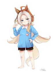 Rule 34 | 1girl, aged down, ahoge, animal ears, barefoot, blue eyes, blue shirt, child, closed mouth, collared shirt, ear covers, ear ornament, full body, hair intakes, highres, horse ears, horse girl, horse tail, kindergarten uniform, long hair, long sleeves, mengo (captainmeteor6), multicolored hair, orange hair, orfevre (umamusume), shirt, short shorts, shorts, simple background, single ear cover, solo, standing, tail, umamusume, white background, white hair