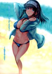 Rule 34 | 10s, 1girl, abs, absurdres, arms up, barefoot, beach, bikini, black hair, blue bikini, blue eyes, blush, breasts, cleavage, from above, groin, hairband, highres, hood, hoodie, idolmaster, idolmaster cinderella girls, jacket, large breasts, long hair, long sleeves, looking up, murasame nohito, navel, non-web source, ocean, open clothes, open hoodie, open jacket, open mouth, outdoors, plaid, plaid bikini, sagisawa fumika, sand, scan, solo, swimsuit, thighs, toned, translation request