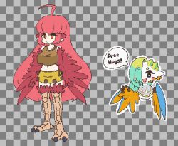 Rule 34 | 2girls, ahoge, animal ears, bird ears, bird legs, blonde hair, blue feathers, blush, blush stickers, breasts, checkered background, coco (eogks), commentary, english text, facial mark, feathers, free hugs, green hair, grey background, grey poncho, hair over one eye, harpy, large breasts, long hair, mako (eogks), monster girl, multicolored hair, multiple girls, navel, nn (eogks), open mouth, orange feathers, orange wings, original, pixel art, poncho, red feathers, red hair, red wings, skirt, solo, speech bubble, talons, two-tone hair, two-tone wings, upper body, very long hair, winged arms, wings, yellow skirt