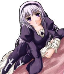 Rule 34 | 00s, 1girl, :o, black dress, collarbone, dress, dutch angle, flower, frilled sleeves, frills, grey background, hairband, lolita hairband, long sleeves, looking at viewer, lying, on stomach, parted lips, pink eyes, rose, rozen maiden, silver hair, simple background, solo, suigintou