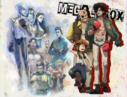 Rule 34 | 2girls, 6+boys, abuhachi (megalo box), aragaki (megalo box), belt, black footwear, black hair, bonjiri (megalo box), boxing gloves, brown hair, butterfly tattoo, chest tattoo, closed eyes, copyright name, curly hair, dog, earrings, eyepatch, facial hair, fujimaki (megalo box), glasses, gloves, grin, hair over one eye, hat, highres, jewelry, joe (megalo box), long hair, long sleeves, male focus, mechanical arms, megalo box, missing tooth, multiple boys, multiple girls, mustache, nanbu gansatsu, necktie, oicho (megalo box), open mouth, orange headwear, red gloves, red necktie, sachio (megalo box), santa (megalo box), shirato mikio, shirato yukiko, short hair, smile, tattoo, topless male, wataroux, white hair, yellow gloves, yuuri (megalo box)