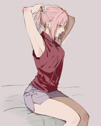 Rule 34 | 1girl, armpits, arms up, bare legs, breasts, feet out of frame, haruno sakura, highres, medium breasts, monochrome background, mouth hold, naruto (series), pink skirt, rubber band, side slit, sitting, skirt, solo, suzu (tg 390), twitter username, tying hair