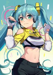Rule 34 | 1girl, :3, aqua eyes, aqua hair, bare shoulders, breasts, clenched hands, closed mouth, clothing cutout, commentary, cowboy shot, eighth note, fingerless gloves, fitness boxing, gloves, gradient background, gradient hair, hair between eyes, hands up, hatsune miku, headset, highres, kamille (vcx68), long hair, looking at viewer, medium breasts, midriff, multicolored hair, musical note, navel, official alternate costume, pants, quarter note, revision, shoulder cutout, shrug (clothing), smile, solo, sports bra, stomach, twintails, very long hair, vocaloid