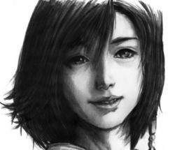 Rule 34 | 00s, 1girl, beads, cropped, female focus, final fantasy, final fantasy x, greyscale, looking at viewer, lowres, monochrome, short hair, smile, solo, yuna, yuna (ff10)