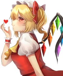 Rule 34 | 1girl, ascot, bad id, bad pixiv id, blonde hair, blush, bow, breasts, closed mouth, crystal, flandre scarlet, hair bow, hand up, hat, heart, highres, leaning forward, long hair, mob cap, one side up, profile, puffy short sleeves, puffy sleeves, red bow, red eyes, red skirt, red vest, shirt, short sleeves, simple background, skirt, small breasts, smile, solo, touhou, vest, white background, white hat, white shirt, wings, wrist cuffs, yayoi maka, yellow ascot