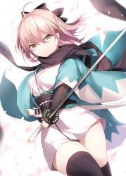 Rule 34 | 1girl, ahoge, black scarf, black thighhighs, blush, bow, breasts, cherry blossoms, fate/grand order, fate (series), fighting stance, fingernails, hair between eyes, hair bow, hair ornament, highres, holding, holding sword, holding weapon, japanese clothes, katana, kimono, koha-ace, long hair, long sleeves, looking at viewer, maosame, nail polish, obi, okita souji, okita souji (fate), okita souji (koha-ace), open mouth, petals, pink eyes, pink hair, pink nails, sash, scarf, sheath, sheathed, short kimono, simple background, solo, sword, thighhighs, weapon, white background, white kimono, wide sleeves, wind