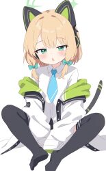 Rule 34 | 1girl, absurdres, animal ear headphones, animal ears, black thighhighs, blonde hair, blue archive, blue necktie, blush, bow, cat tail, collared shirt, fake animal ears, green bow, green eyes, green halo, hair bow, halo, headphones, highres, jacket, long sleeves, looking at viewer, midori (blue archive), necktie, open clothes, open jacket, open mouth, shirt, short hair, simple background, solo, tail, thighhighs, white background, white jacket, white shirt, yukisiannn