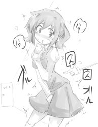 Rule 34 | 1girl, between legs, blush, breath, door, embarrassed, female focus, flying sweatdrops, greyscale, hand between legs, hand up, have to pee, heavy breathing, hidamari sketch, indoors, japanese text, juliet sleeves, kneehighs, long sleeves, looking back, mechanical arm, mechanical arms, miniskirt, monochrome, neck ribbon, nobiiru arm, nori (hidamari sketch), nose blush, open mouth, pleated skirt, puffy sleeves, ribbon, school uniform, shirt, short hair, simple background, single mechanical arm, sketch, skirt, socks, solo, standing, sweat, t=k, tears, translation request, trembling, twintails, vest, white background, wide-eyed