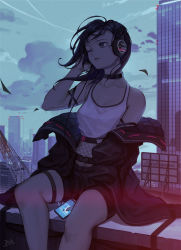 Rule 34 | 1girl, ;(, absurdres, arm out of sleeve, arm strap, bare shoulders, belt, black hair, black jacket, black shorts, blurry, breasts, building, cellphone, choker, city, cleavage, cloud, cloudy sky, commentary, crane (machine), crop top, doloyume, english commentary, feet out of frame, fishnets, floating hair, hand in own hair, hand on headphones, hand up, headphones, highres, jacket, lipstick, listening to music, long hair, long sleeves, looking away, looking to the side, makeup, mole, mole under eye, off shoulder, original, outdoors, parted lips, phone, product placement, shorts, signature, sitting, sky, skyscraper, small breasts, smartphone, solo, sony, tank top, thigh strap, wind