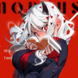 Rule 34 | 1girl, black horns, black suit, blush, breasts, demon girl, demon horns, demon tail, formal, heart, heart-shaped pupils, helltaker, highres, horns, large breasts, long sleeves, looking at viewer, modeus (helltaker), red background, red eyes, red sweater, shirt, short hair, sleeves past wrists, solo, suit, sweater, symbol-shaped pupils, tail, tefco, turtleneck, white hair