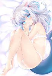 Rule 34 | 1girl, animal ears, bare arms, bare legs, bare shoulders, barefoot, bed sheet, blue eyes, blue hair, blue nails, bra, cat ears, chiyami, commentary request, fins, fish tail, frilled bra, frilled panties, frills, gawr gura, grey hair, hair ornament, hololive, hololive english, long hair, looking at viewer, lying, multicolored hair, nail polish, on side, panties, parted lips, shark tail, solo, streaked hair, tail, toenail polish, toenails, two side up, underwear, underwear only, very long hair, virtual youtuber, white bra, white panties