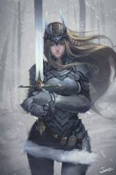 Rule 34 | 1girl, armor, armored dress, blonde hair, blue eyes, breasts, closed mouth, gloves, highres, holding, holding sword, holding weapon, juniu21, long hair, original, solo, standing, sword, weapon