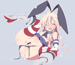 Rule 34 | 10s, 1girl, bar censor, black panties, blonde hair, blue background, blue skirt, breasts, censored, closed eyes, cum, cum in pussy, hairband, kantai collection, long hair, navel, nekokan-nekokan, nipples, open mouth, panties, pussy, saliva, shimakaze (kancolle), simple background, skirt, small breasts, solo, striped clothes, striped thighhighs, thighhighs, torn clothes, torn thighhighs, underwear