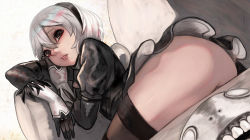 Rule 34 | 1girl, ass, brown eyes, death is 13, derivative work, eyelashes, gloves, hair between eyes, hairband, lips, looking at viewer, mole, mole under mouth, nier (series), nier:automata, short hair, skirt, solo, thighhighs, thighs, white hair, 2b (nier:automata)