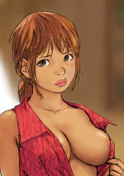 Rule 34 | 1girl, areola slip, carina (xiaowoo), dark skin, grey eyes, highres, lips, open clothes, open shirt, ponytail, red hair, shirt, undressing