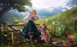 Rule 34 | 2girls, :d, animal, bicycle, bird, black bow, black footwear, black shorts, blonde hair, blush, bow, cake, closed eyes, commentary, copyright request, day, fence, food, full body, grass, green skirt, hairband, halo, head wreath, high-waist skirt, highres, holding, holding animal, holding rabbit, lentain, long hair, long skirt, long sleeves, looking at viewer, luggage, mountain, multiple girls, open mouth, outdoors, petals, picnic, picnic basket, plate, puffy long sleeves, puffy sleeves, rabbit, red hair, shirt, shoes, shorts, sitting, skirt, smile, socks, standing, suspender shorts, suspenders, symbol-only commentary, tree, white legwear, white shirt, wooden fence