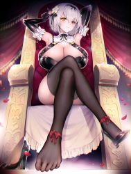 Rule 34 | 1girl, absurdres, armpits, arms up, black gloves, black thighhighs, breasts, chair, cleavage, cleavage cutout, clothing cutout, collar, crossed legs, elbow gloves, feet, foot focus, foreshortening, gloves, haoni, high heels, highres, huge breasts, looking at viewer, multicolored eyes, original, red eyes, shoes, unworn shoes, short hair, single shoe, sitting, skindentation, smile, solo, thick thighs, thighhighs, thighs, toes, white hair, yellow eyes