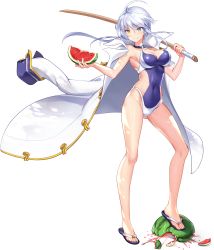Rule 34 | 1girl, ahoge, alternate costume, armpits, bare shoulders, blue eyes, blue oath, bokken, breasts, closed mouth, clothing cutout, coat, coat on shoulders, covered navel, criss-cross halter, food, fruit, full body, hair between eyes, halterneck, heterochromia, highres, holding, holding food, large breasts, long hair, looking at hand, official art, one-piece swimsuit, purple one-piece swimsuit, sandals, side cutout, sidelocks, silver hair, slit pupils, smile, solo, standing, suikawari, swimsuit, sword, tachi-e, thighs, transparent background, two-tone swimsuit, warspite (blue oath), watermelon, weapon, white coat, white one-piece swimsuit, wooden sword, yellow eyes